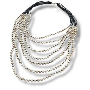 Statement Leyered Pearl Necklace 925 White Black Signed Long